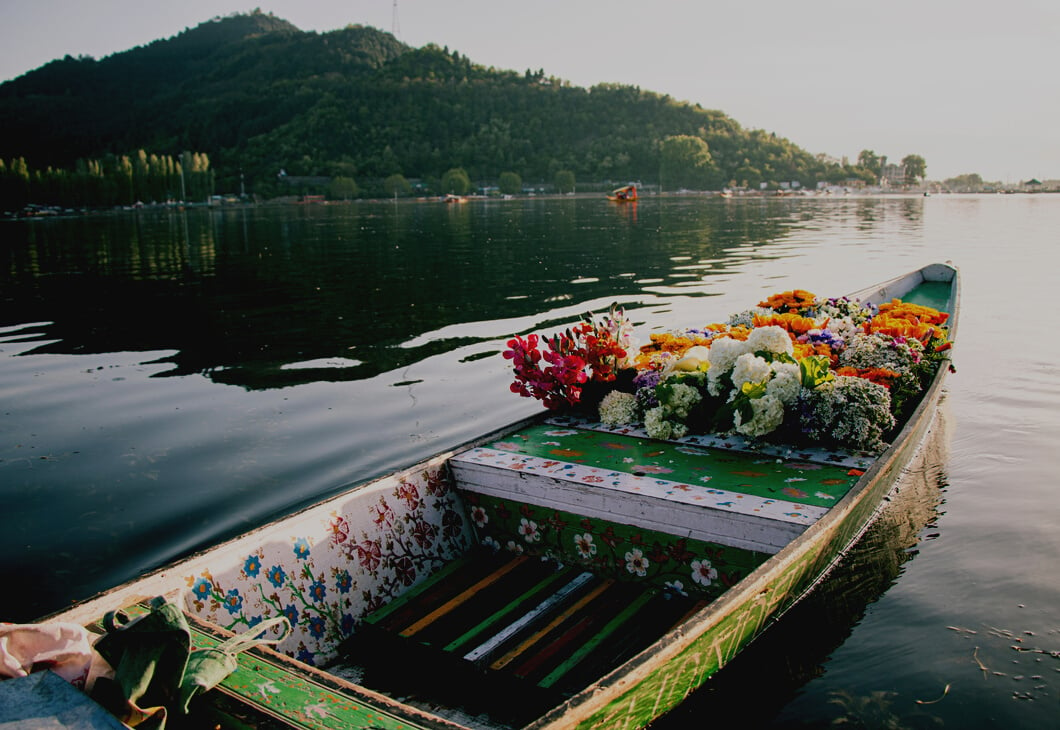 A Wooden Flower Boat on Dal Lake